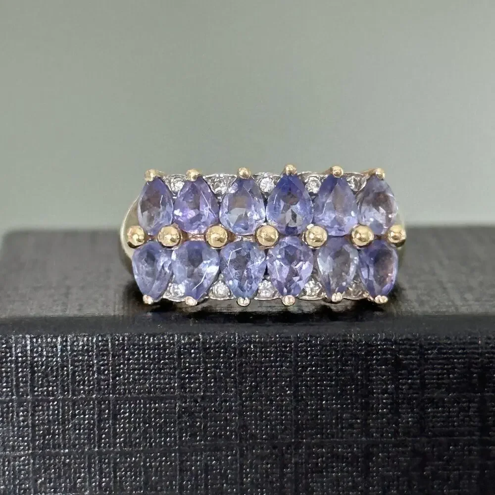 14K Yellow Gold Tanzanite Double Row & Diamond Ladies Band Ring Size 5.5